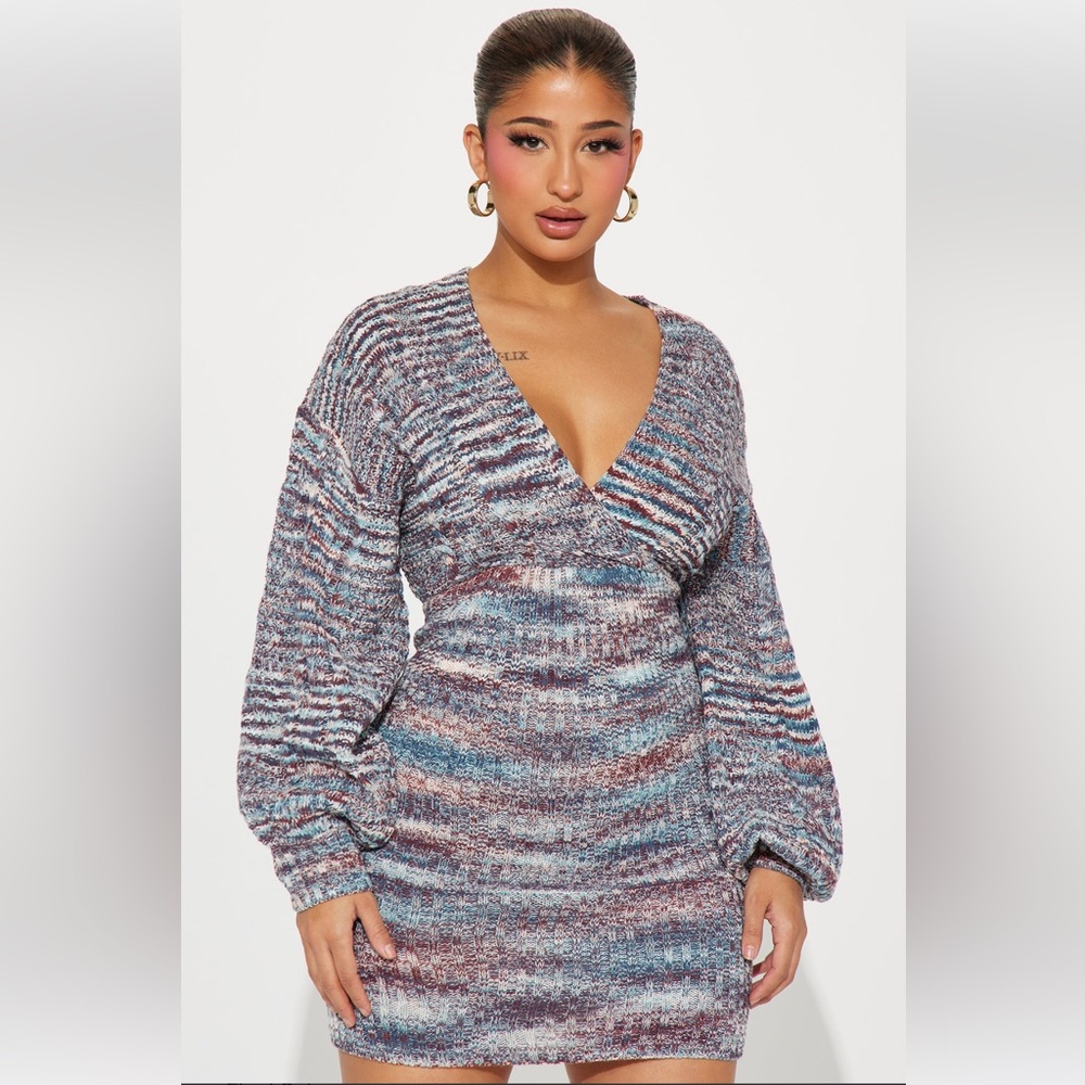 Fashion Nova Vienna Knit Sweater Mini Dress - Brown/Combo Size Medium